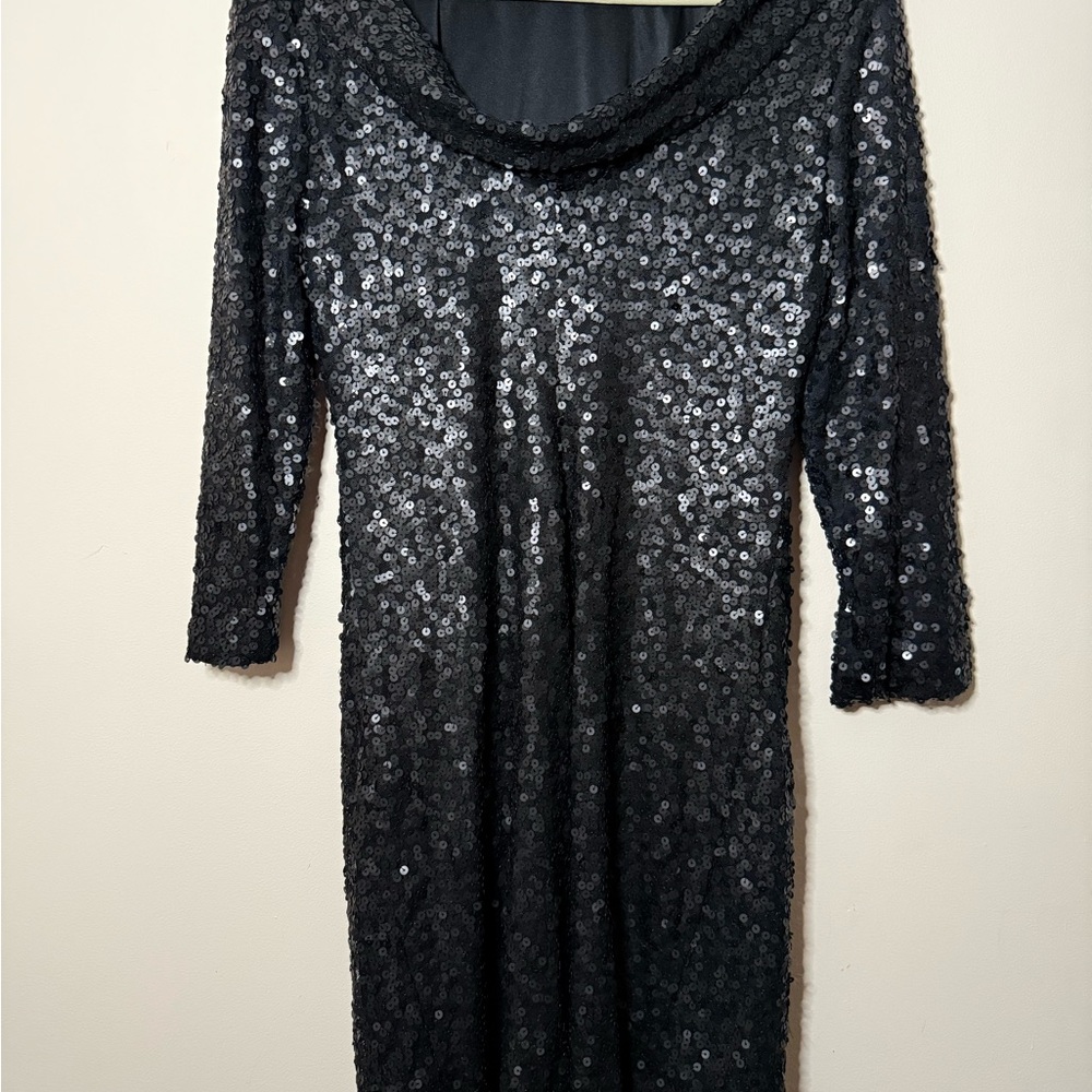 Size 12W Jessica Simpson Black Sequin Mini Dress with low Cowl Back - Picture 3 of 7